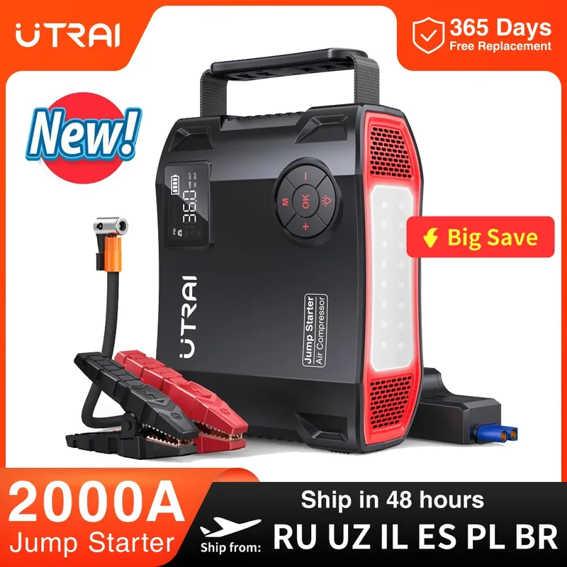 UTRAI 4 In 1 2000A Starthilfe Power Bank 16000 mAh 150 PSI Luftkompressor Reifenpumpe Tragbares Ladegerät Auto Booster Startgerät