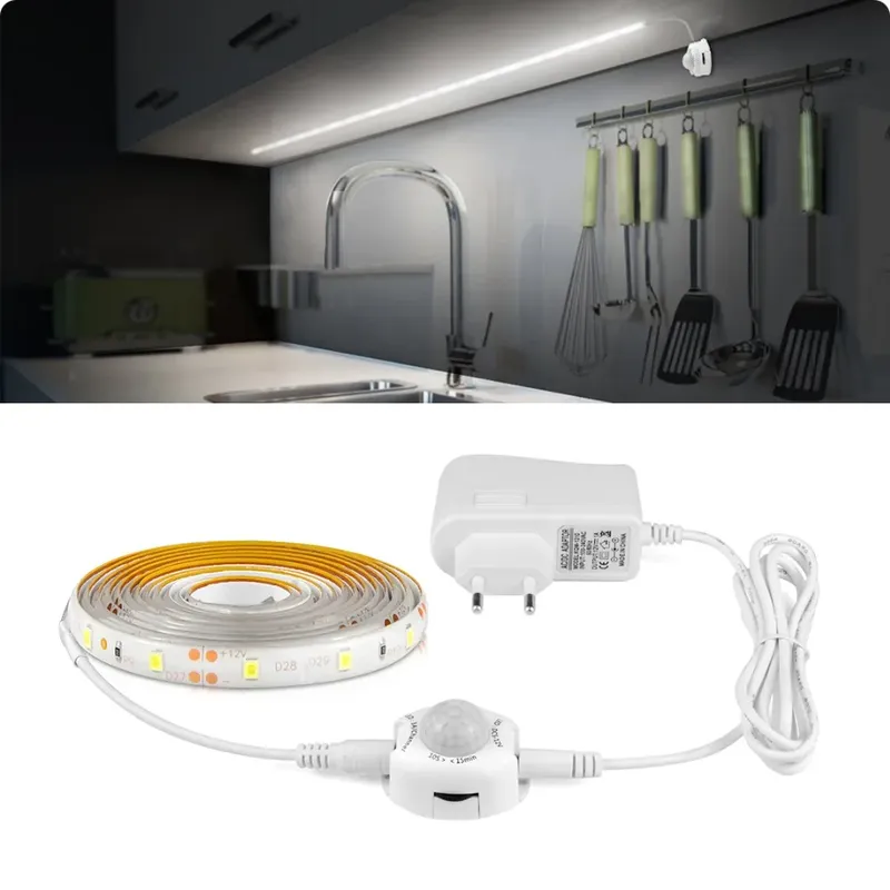 Drahtloses PIR-Bewegungsmelder-LED-Streifenlicht, 12 V, automatisches Ein-/Ausschalten, Treppe, Kleiderschrank, Küche, LED-Lichtlampe, 110 V, 220 V, 1 m, 2 m, 3 m, 4 m, 5 m