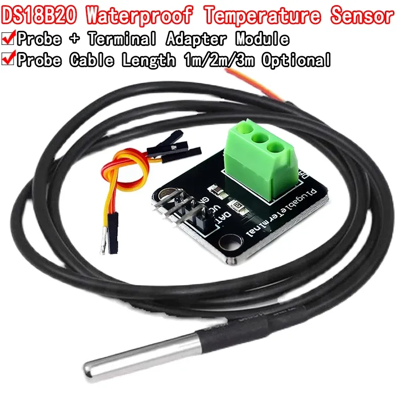 DS18B20 Temperatursensormodul-Kit, wasserdicht, 100 cm, digitales Sensorkabel, Edelstahl-Sondenklemmen-Adapter für Arduino