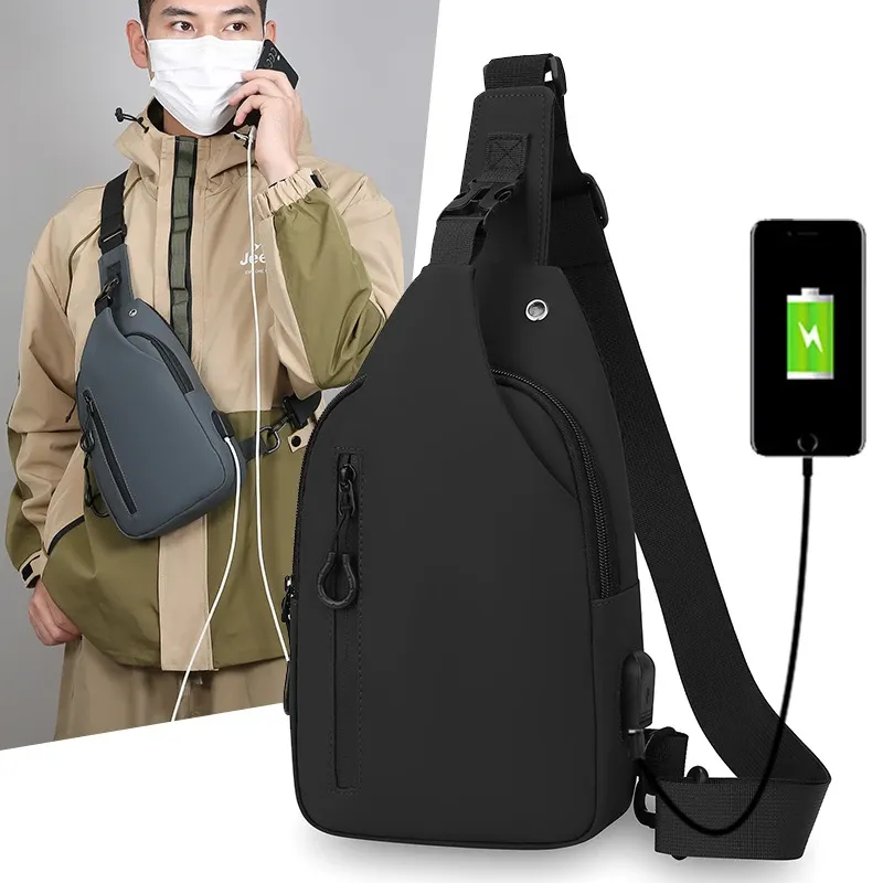 1 Herren-Brusttasche mit großer Kapazität, USB-Aufladung, multifunktionale Brusttasche, modisch, einfach, für Pendler, leicht, Schulter-Crossbody-Tasche
