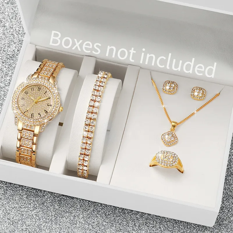 6PCS Mode Voller Diamanten Damenuhr Gold Stahlband Analog Quarzuhren Schmuckset (Ohne Box)