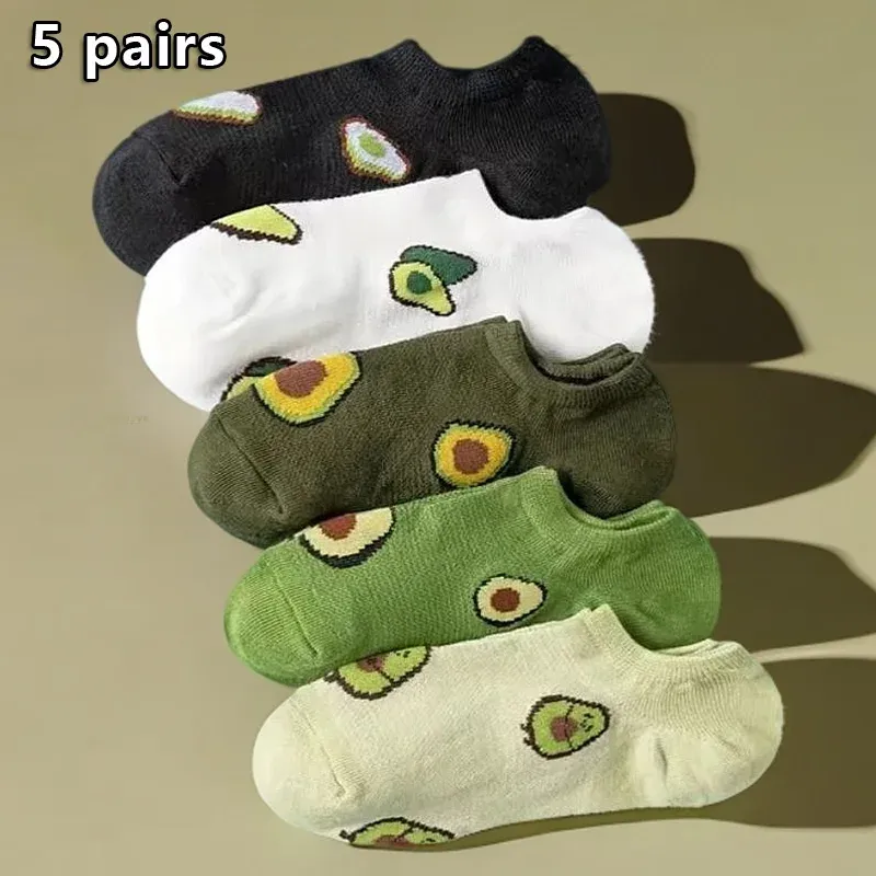 5 Paar Avocado-Blumen-Crew-Söckchen, Cartoon, frisch, modisch, atmungsaktiv, Sommer, Herbst, Kawaii, Komfort, Damen, niedrig geschnittene Bootssocken