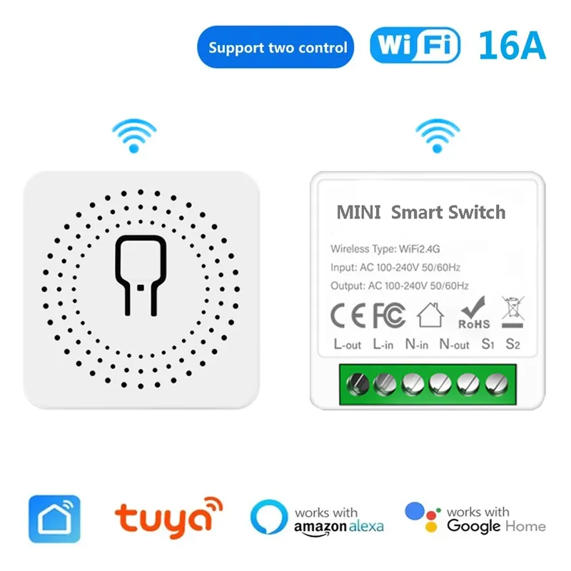 16A Tuya Mini WLAN Smart Switch Smart Home Lichtschaltermodul 2-Wege-Steuerung Kompatibel mit Tuya Smart Life Alexa Google Home