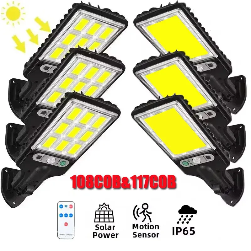 108/117COB Sensor Street 3 Lichtmodi Wasserdichte Sicherheits-Solarlampen für den Außenbereich für Garten, Terrasse, Weg, Fernbedienung, Wandleuchten