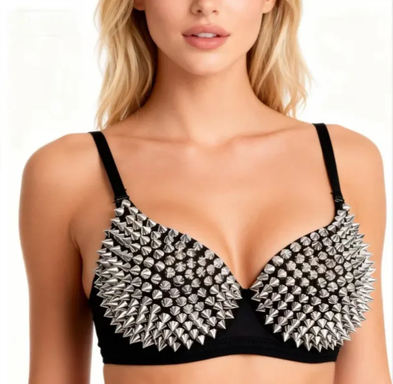 Silber Nieten Punk Rave Bralette Dessous Gothic Bh Top Sexy Push-Up Büstenhalter Nachtclub Party Bar Mode Heiße Bhs Für Frauen