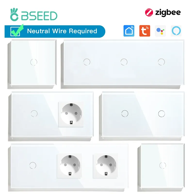 BSEED Zigbee 1/2/3Gang Touch Lichtschalter 1/2/3Way Tuya Smart Life Alice App Steuerung Plus Normale EU Steckdosen Neutral Erforderlich