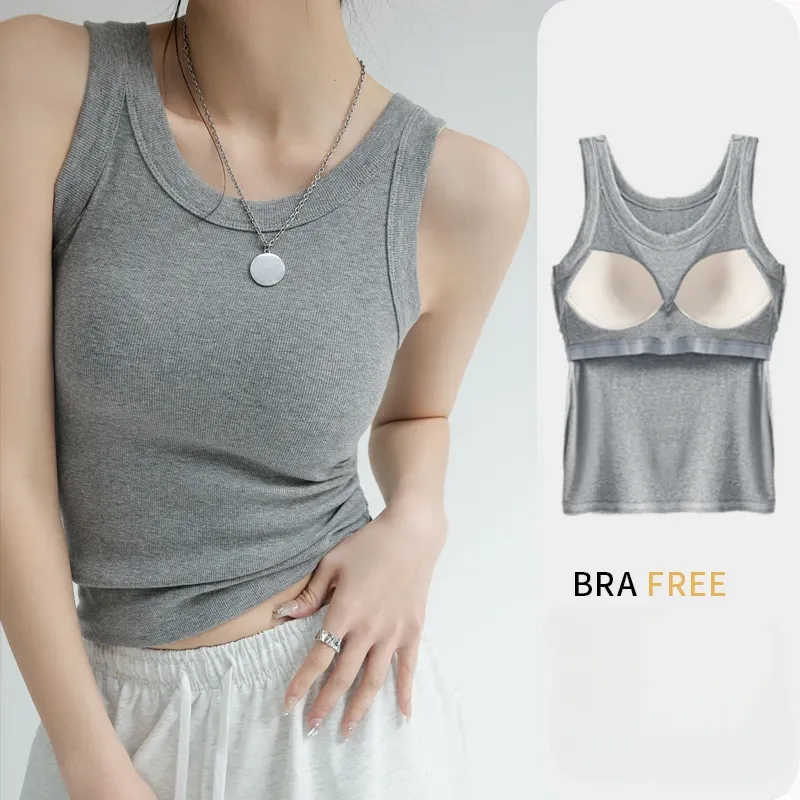 Neue Frauen Solide Rundhals Rippen Tank Top Leibchen Frauen Sommer Grundlegende Elastische TankTop einteiliges Weste mit Brust pad Y2k