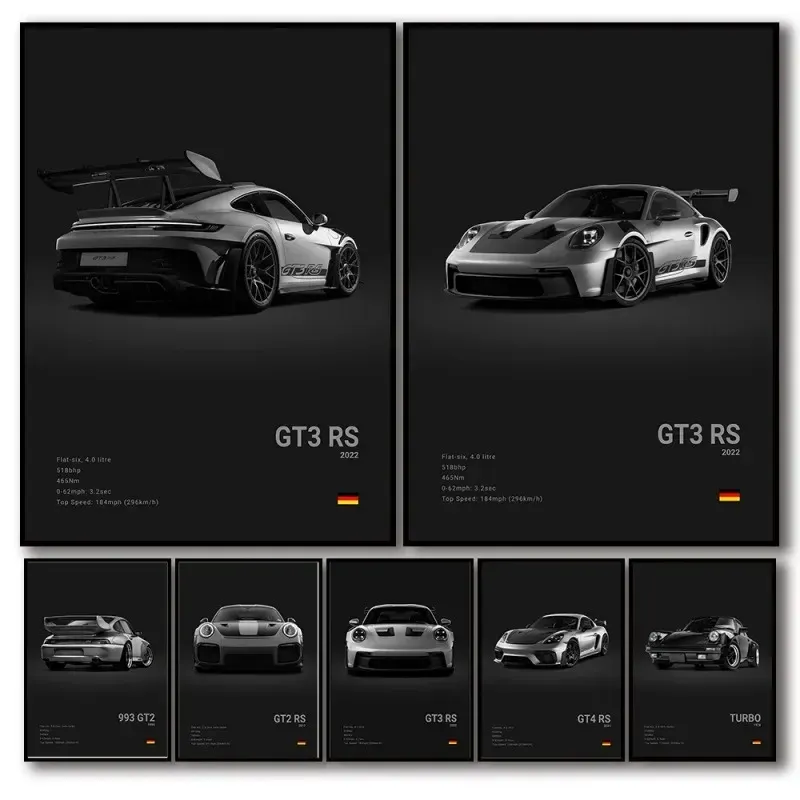 Pop schwarz-weißes deutsches Luxus-Sportwagen-Poster, Wandkunst 911, GT3, RS, Turbo, HD-Öl auf Leinwand, Druck, Garage, Wohnzimmer, Dekoration
