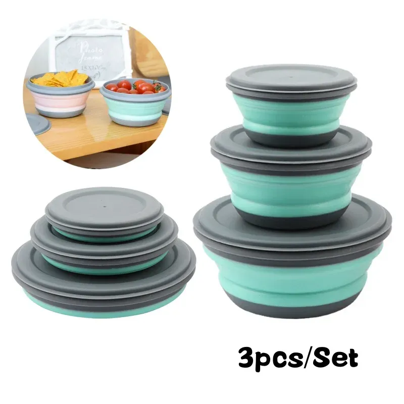 Tragbare Falten Lunch Box Schüssel Sets Silikon 3 Teile/satz Lebensmittel Behälter Outdoor Camping Geschirr Set Faltbare Salat Schüssel mit Deckel