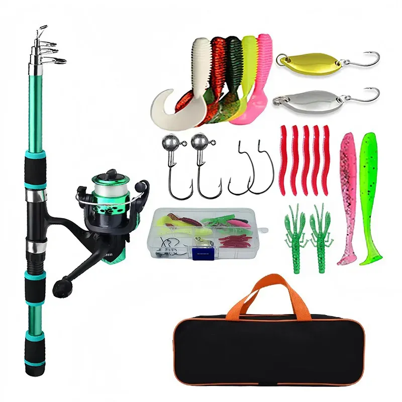 Angelrute Set Full-Kits mit Teleskop-Angelrute und Spinn rolle Köder Haken Reise mast Set