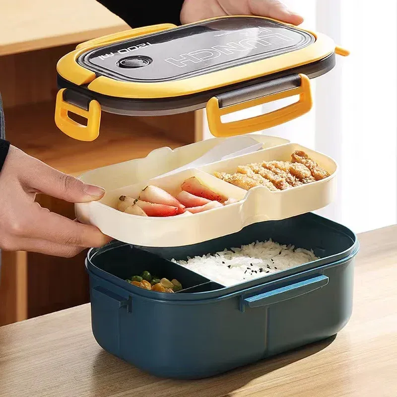 1200 ml 2-lagige Bento-Lunchbox mit Löffel und Gabel, Kinder-Mikrowellen-Lebensmittelbehälter mit hoher Kapazität, tragbar, auslaufsicher, für Büro, Camping