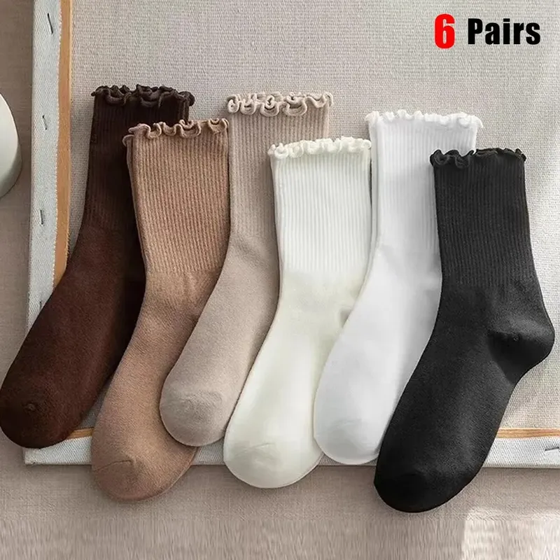 6 Paare/Los Rüschen Mittellange Socken Damen Atmungsaktive Einfarbige Set Frühling und Herbst Komfort Schweißabsorbierende Mädchensocken