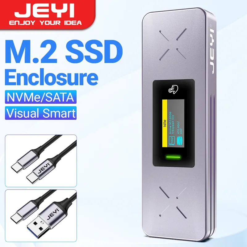 JEYI Visual Smart M.2 NVMe/SATA SSD-Gehäuse, USB 3.2 Gen 2 10 Gbit/s, externes M2-Adaptergehäuse, unterstützt M-Key B+M Key UASP Trim