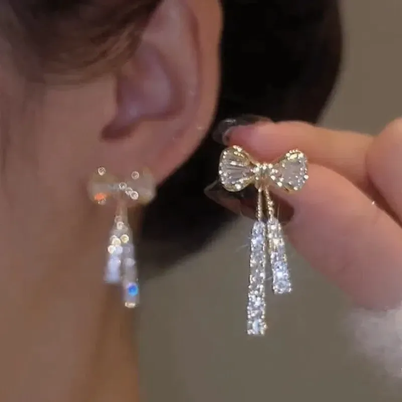 Koreanischer Schmuck, Nischendesign, vollbesetzte Diamant-Schleifenohrringe mit Quasten, elegante, funkelnde Diamant-Ohrringe und Ringe mit Temperament