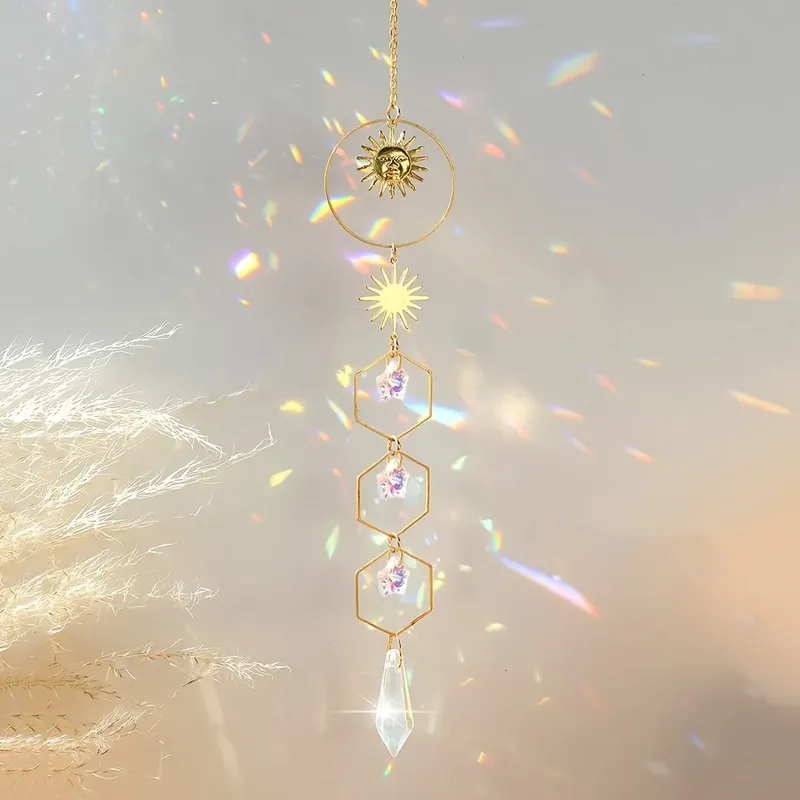 1 Stück goldene Sonne Pentagramm Kristall Kette Anhänger Raum Fenster hängen Dekoration Traum Regenbogen Geschenk Fänger