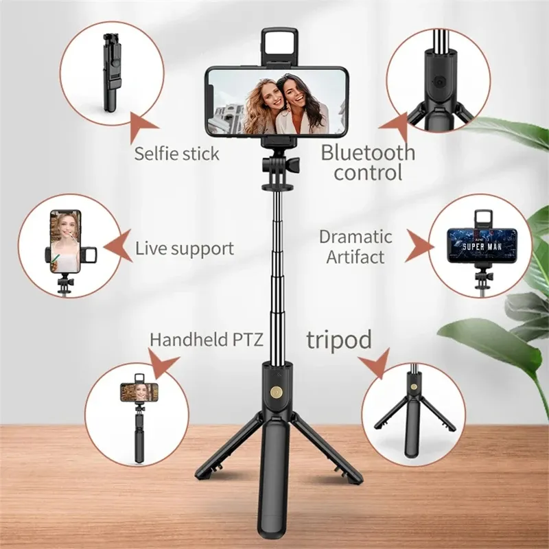 Selfie-Stick, kabelloses Stativ mit Licht, Bluetooth-Fernbedienung, ausziehbares Stativ für iPhone, Mobiltelefon, Tiktok Live-Streaming