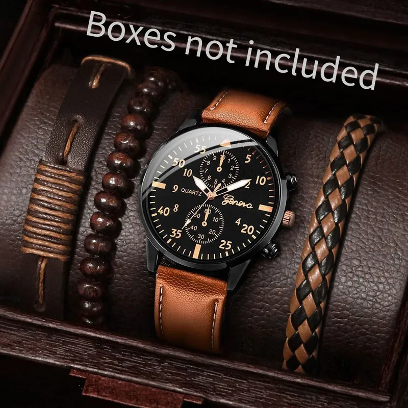 4 teile/satz Herren Business Uhren Mode arabische Zifferblatt Lederband Quarzuhren Vintage Armbänder Set (ohne Box)