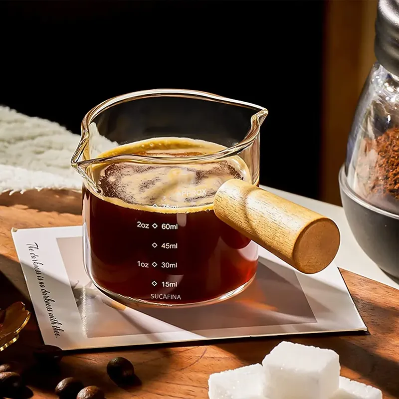 75 ml hitzebeständiger Espresso-Messbecher aus Glas, Doppel-/Einzelöffnung, Milchkännchen aus Glas mit Griff, Glaswaage, Messbecher