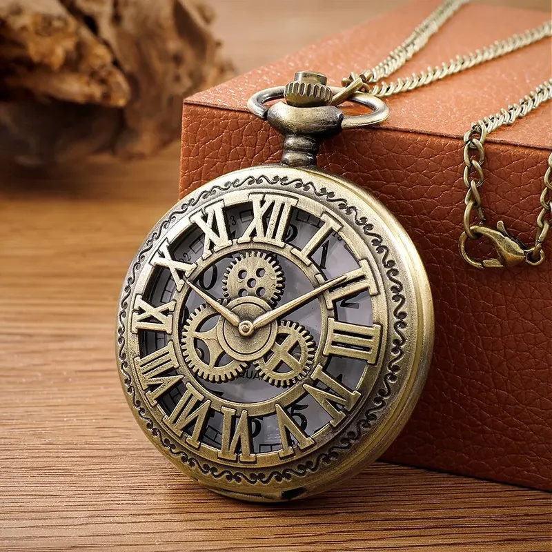 Antike Steampunk Vintage römische Ziffern Quarz Taschenuhr Bronze Gehäuse Halskette Anhänger Uhr Kette Herren Damen