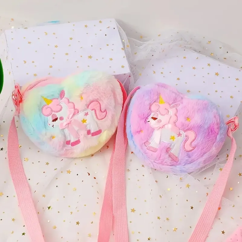 Niedliches Einhorn für Mädchen, Plüsch-Herz, Reißverschluss, Umhängetasche, Umhängetasche, Geldbörse, Geldbörse, Umhängetasche, Kindergeschenk, kleiner Rucksack