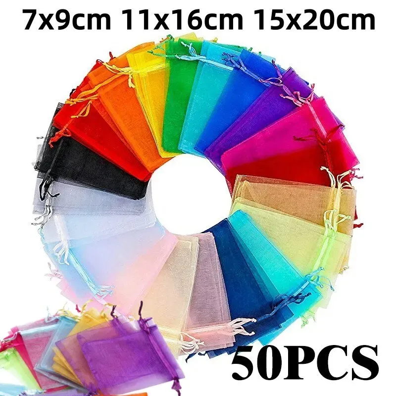 50 teile/los mehrfarbige Schmuck verpackungs tasche 7*9 11*16 15*20cm Organza-Taschen Geschenk aufbewahrung Hochzeits kordel zug Beutel Großhandel