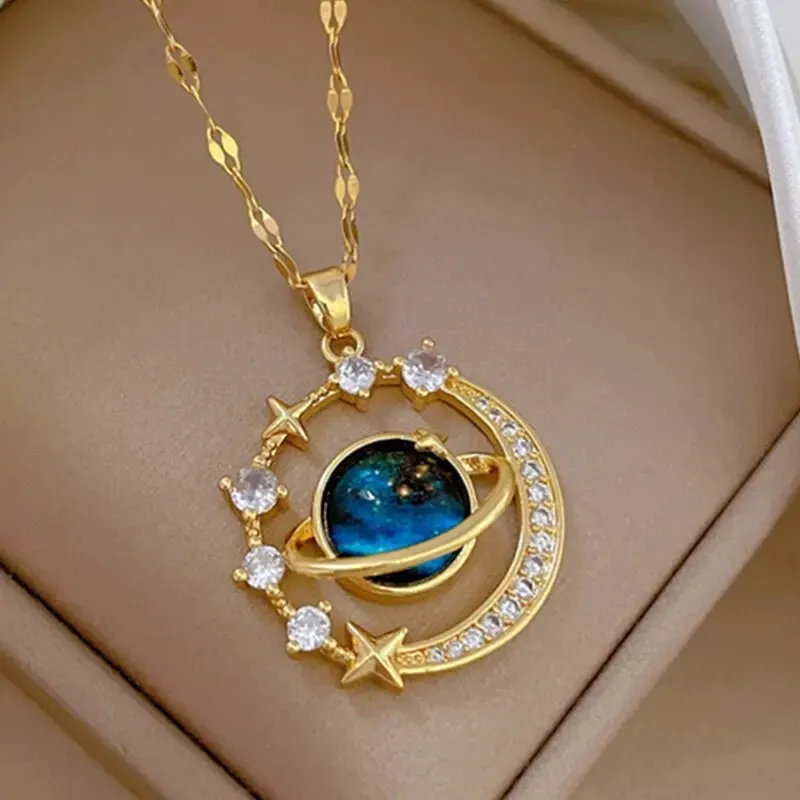 Licht Luxus Titan Stahl Stern Serie Halskette für Frauen Gold Farbe Planet Mond Astronaut Anhänger Halsketten Schmuck Geschenke
