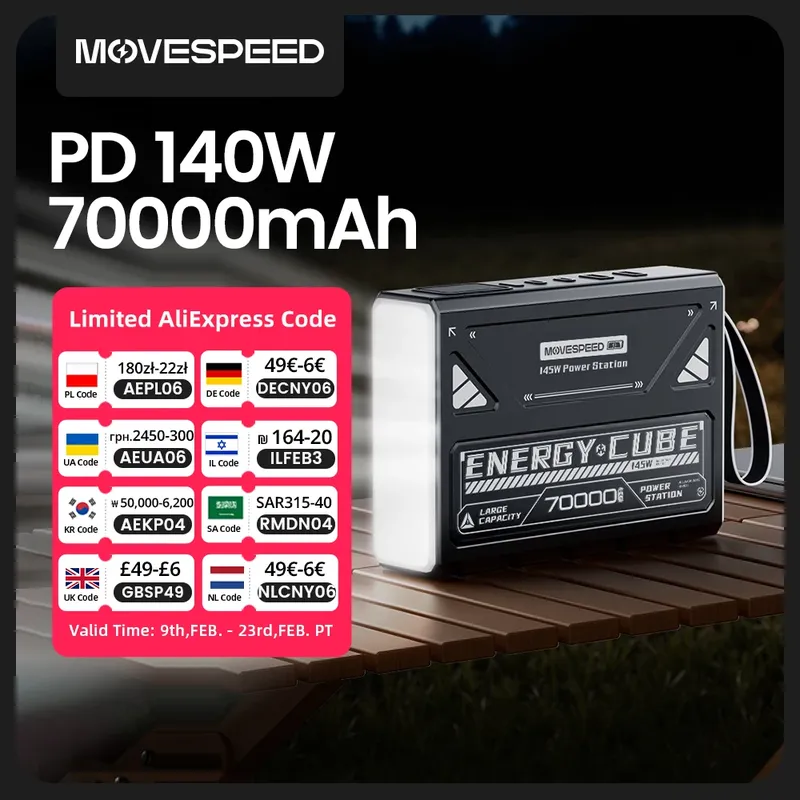 MOVESPEED Z70Pro Power Bank 70000 mAh 140 W PD Schnellladung Externer Akku Kraftwerk mit Taschenlampe für Laptop Outdoor Camping