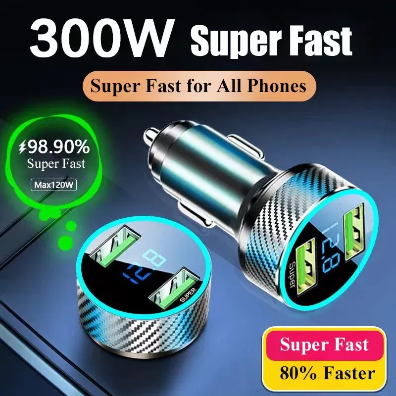300 W USB-Autoladegerät-Adapter, 2-in-1, superschnelles Laden mit Spannungsmonitor für Samsung OPPO VIVO Huawei Oneplus iPhone iPad