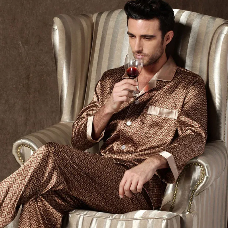Hohe Qualität Pyjamas Set Männer Frühling Herbst Dünne Polyester Eis Seide Lange ärmeln Nachtwäsche Plus Größe Sommer Hause Kleidung männlichen