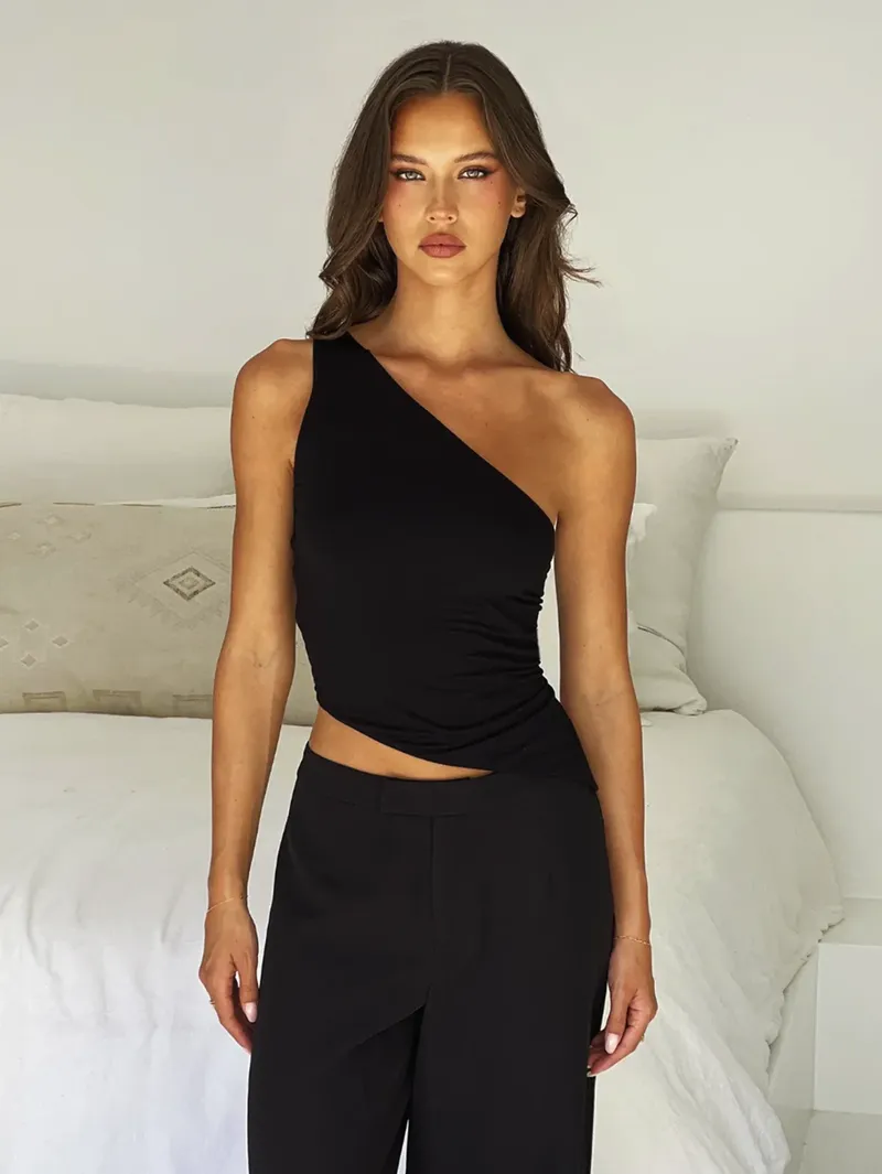 Damen Sexy diagonaler Schultergurt, ärmellos, rückenfrei, enges Oberteil, Meer, Nachtclub, Party, 2024, neues Modell