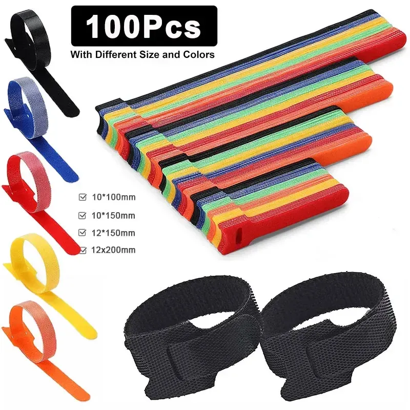 100 Stück 10/15/20 cm Kabelbinder, wiederverwendbares Verschluss-Klettband, mehrfarbig, T-Typ-Drahtbinder, verstellbare Kabelbinder, Organizer
