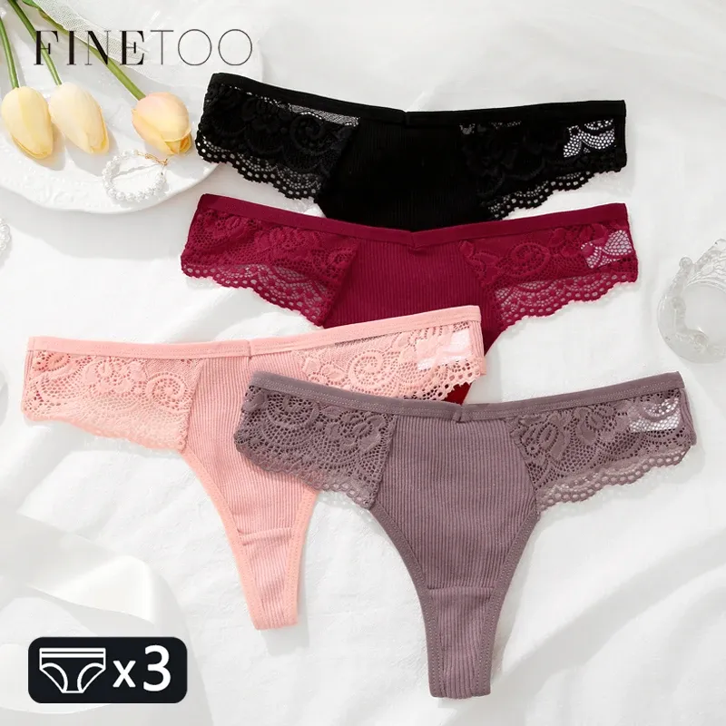 FINETOO 3 Stück Damen-Baumwollunterwäsche, Spitzen-Tangas, sexy einfarbig, niedrige Taille, Bikini-Höschen, Damen, atmungsaktiv, G-String, Dessous