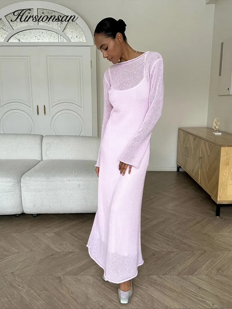 Hirsionsan Frühling Herbst Oansatz Elastische Stricken Lange Kleider Frauen 2024 Elegante Chic Weiche Dame Aushöhlung Pullover Kleider Femme Neue