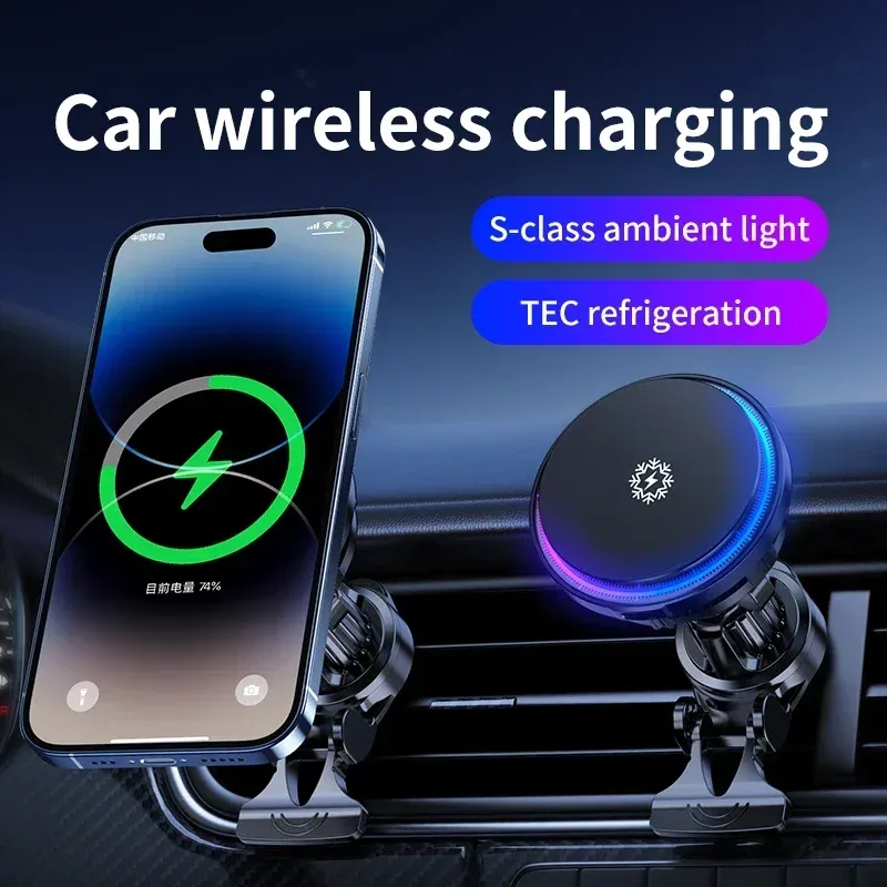 30 W Eiskühlung Magnetisches kabelloses Autoladegerät Schnellladestation für iPhone 15 14 13 12 Pro Max MacSafe Autotelefonhalter Ständer