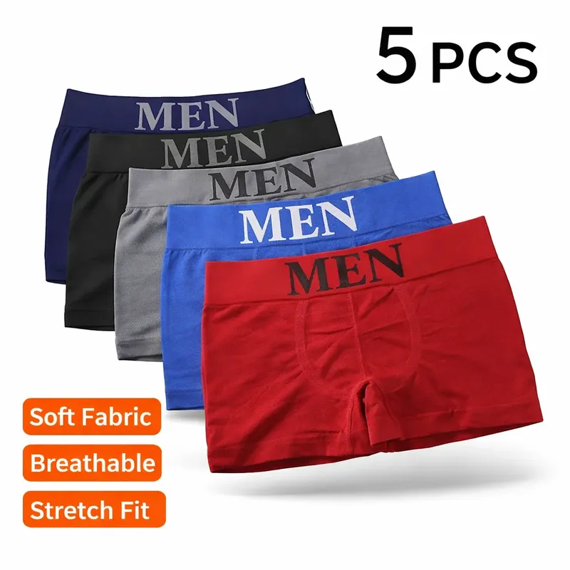 5 Stück Herren-Boxershorts, atmungsaktiv, weich, dehnbar, hochelastisch, bequem, einfarbig, Shorts