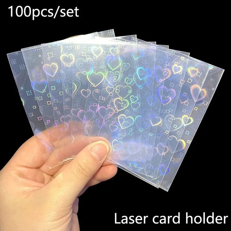 Herzförmige Folie-Laser-Kartenhüllen, 100 Stück, transparente Aufbewahrungstasche für Tarot-Spiele, YGO-Brettschutz, Sammelkarten, Schildabdeckung