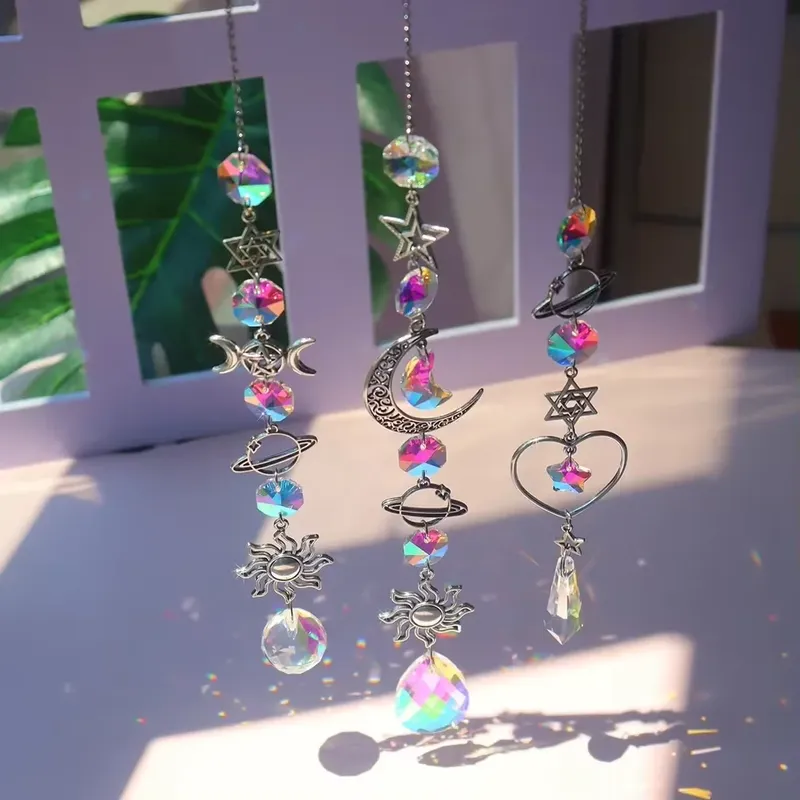 1pc Kristall Windspiel Mond Sonnen fänger Diamant Prismen Anhänger Traum fänger Regenbogen hängen Tropfen Hausgarten Dekor Windspiel