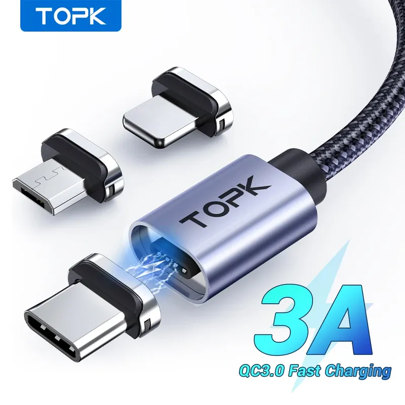 TOPK Magnetisches Ladekabel 3A Micro USB Typ C Kabel mit LED-Licht Magnet Telefon Ladegerät Kabel für iPhone Android Geräte