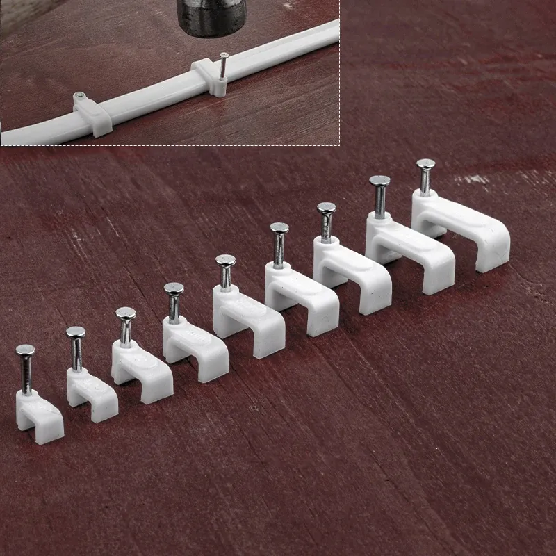 100 Stück flache Nagelklemmen, Kabelklemmen, 4 mm/6 mm/7 mm/8 mm/9 mm/10 mm/12 mm/14 mm, Drahtmanagement, elektrische Kabelbinderhalter, Kabelklemmen