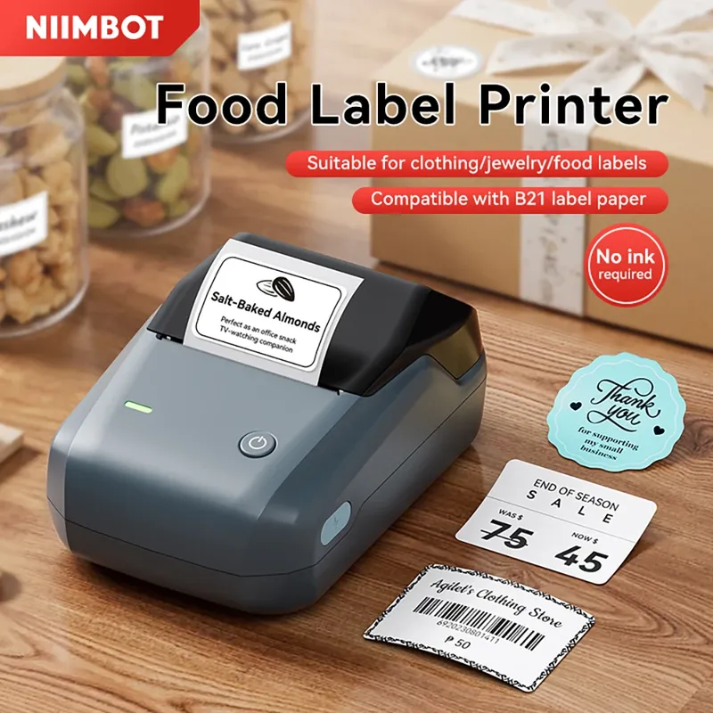 Niimbot B1 Drahtloser Thermo-Etikettendrucker, Lebensmittel-Tag-Barcode-Preis, für kleine Unternehmen, 20–50 mm Druckbreite, Etikettenmaschine für Zuhause