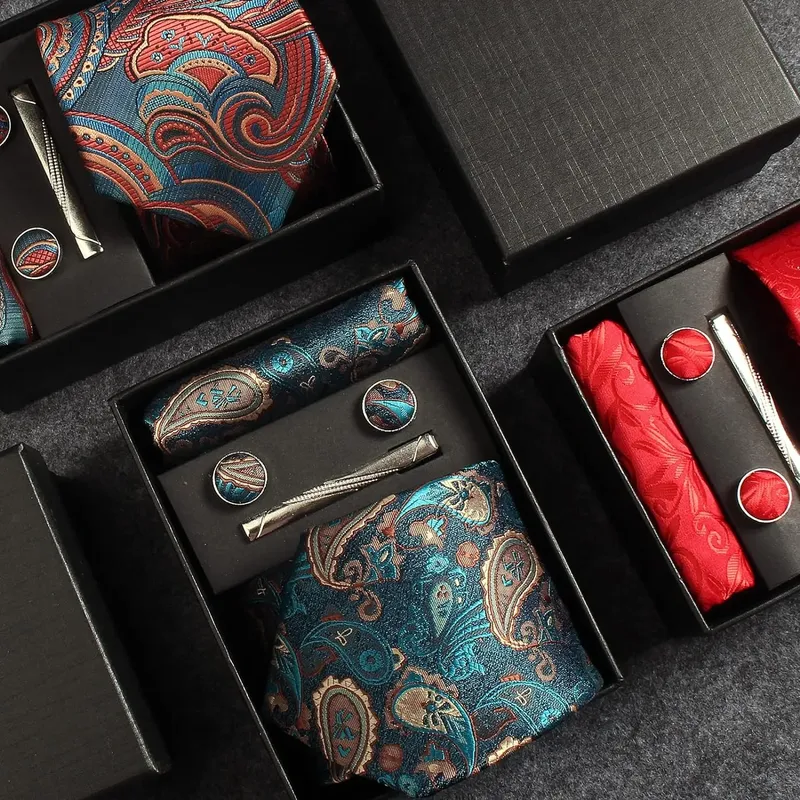 100 % Seidenkrawatte, Paisley-Blumenmuster, Herrenkrawatte, hochwertige Business-Krawatte, Einstecktuch, Krawattenklammer, Manschettenknöpfe-Set, klassisch, für Männer, Geschenkbox