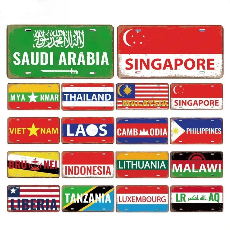 Vintage Country Poster Nummernschilder Saudi-Arabien Singapur Thailand Metall Aluminium Schild für Bar Garage Club Home Wanddekoration