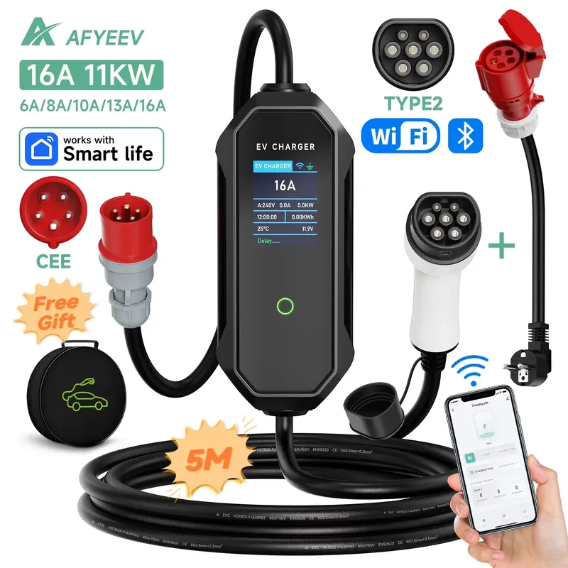 AFYEEV Typ2 Tragbares EV-Ladegerät 11KW 16A 3P GBT Autoladegerät Wi-Fi APP-Steuerung EVSE Ladebox CEE-Stecker für Elektrofahrzeuge