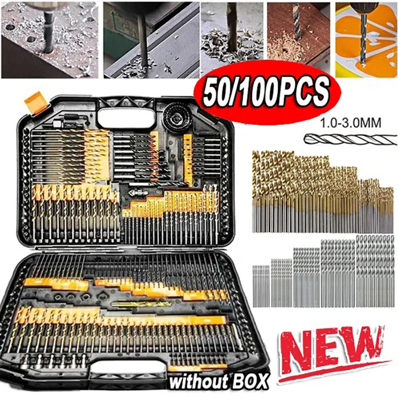100/50 Stück Titanbeschichtete Bohrer HSS Schnellarbeitsstahl Set Werkzeugqualität Elektrowerkzeuge 1/1,5/2/2,5/3 mm