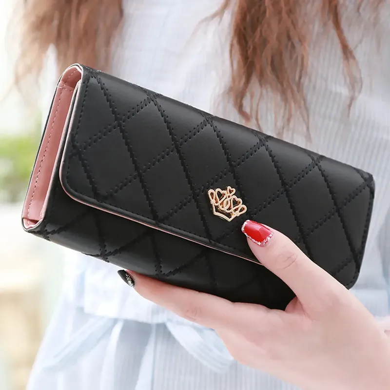 Schwarze lange Brieftaschen für Frauen pu Leder Diamant muster Geldbörse Karten halter Krone Schnalle Damen Handy tasche Mode Clutch Tasche