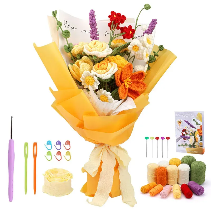 KRABALL Häkel-Blumenstrauß-Set mit Anleitung, Strickgarn, Fadennadeln, Haken, einfaches Strickzubehör-Set, DIY-Handwerk