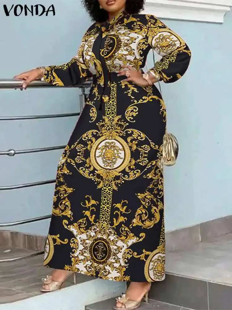 VONDA Maxi Kleid 2024, Sommer Frauen Böhmischen Gedruckt Party Sommerkleid Langarm Stehkragen Casual Robe Urlaub Vestidos Belted