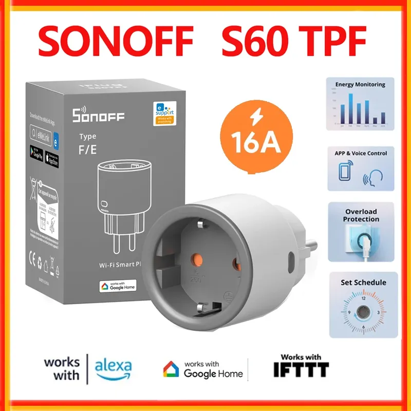 SONOFF S60 TPF EU Wifi Smart Plug 16A Strom Smart Steckdose Mit Energie Überwachung Fernbedienung Timer Sprachsteuerung Smart Szene