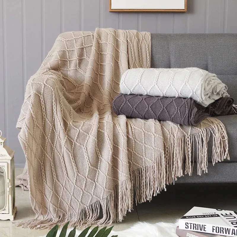 Nordic Gestrickte Überwurfdecken mit Quasten Khaki Creme Grau Vintage Decken Luxus Bett Sofa Couch Übergroße Tagesdecke Abdeckung