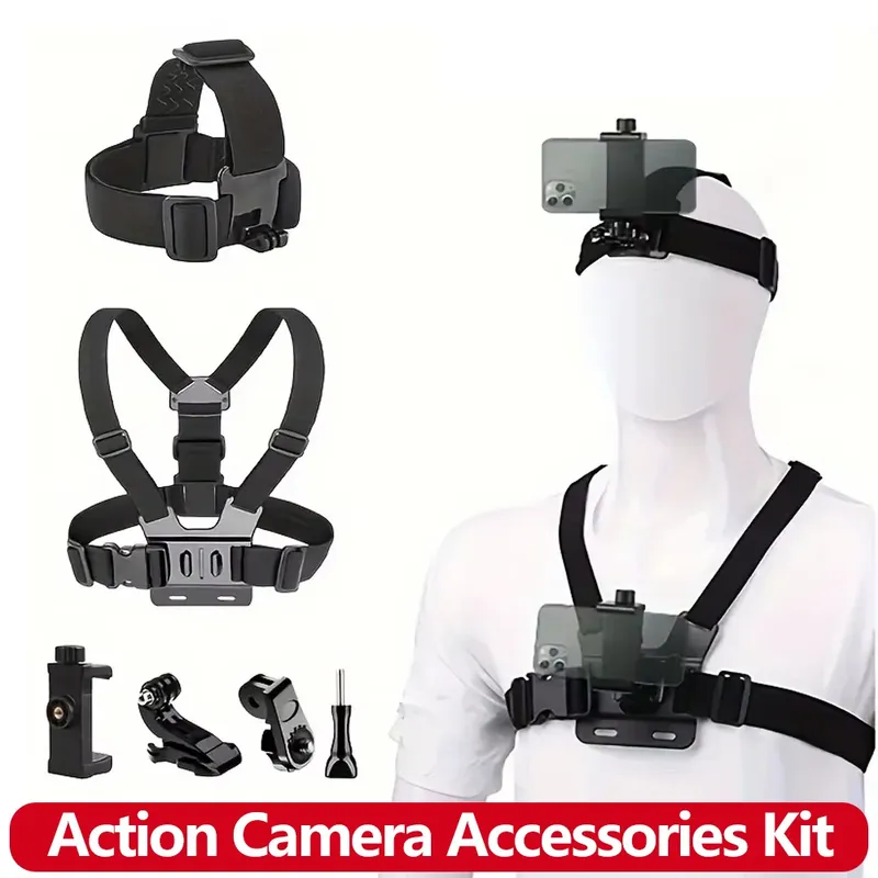 All-in-One Action-Kamera-Zubehör-Set, Kopfgurt, Brustgurt-Halterung, verstellbar, für GoPro Hero Phone Osmo SJCAM AKASO insta360